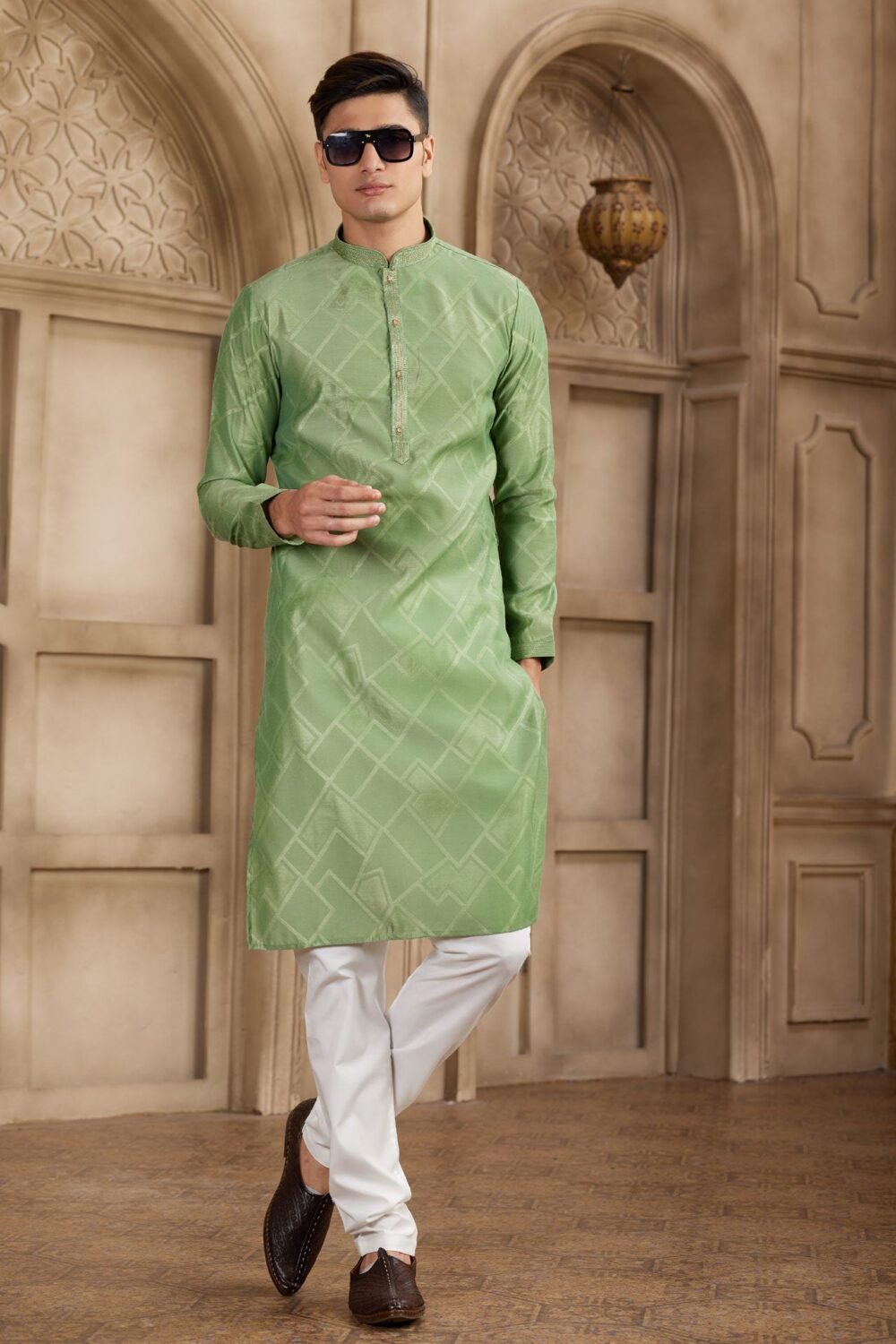 Green Brocade Art Silk Readymade Men Kurta Pajama Set