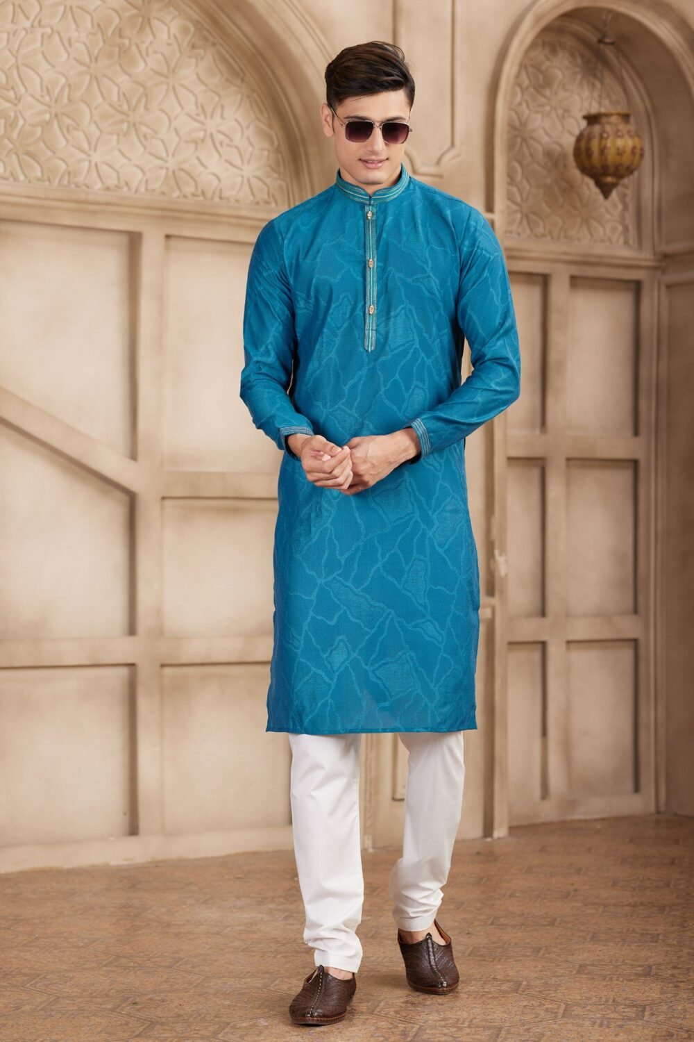 Teal & Off White Brocade Art Silk Readymade Men Kurta Pajama Set