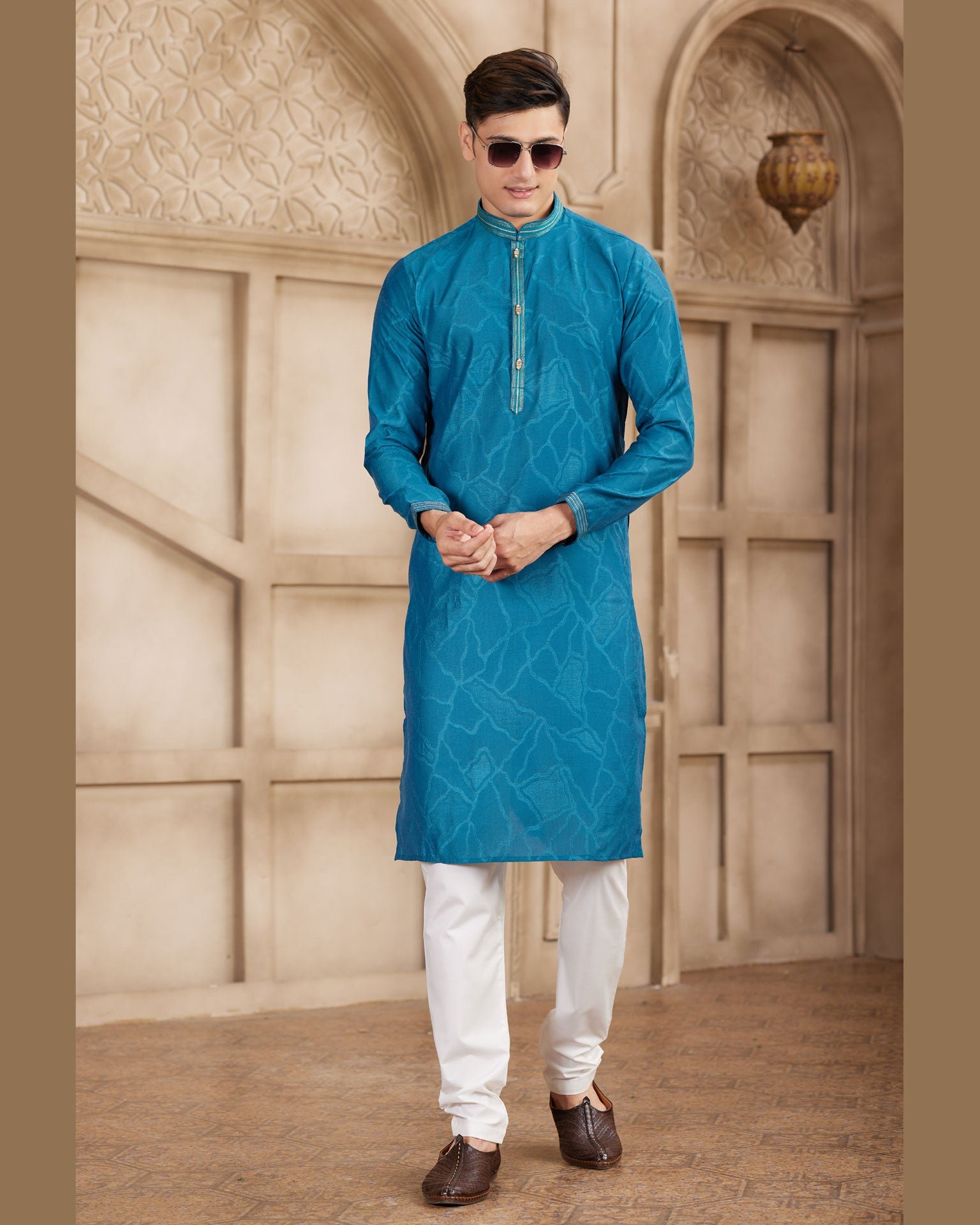Teal & Off White Brocade Art Silk Readymade Men Kurta Pajama Set