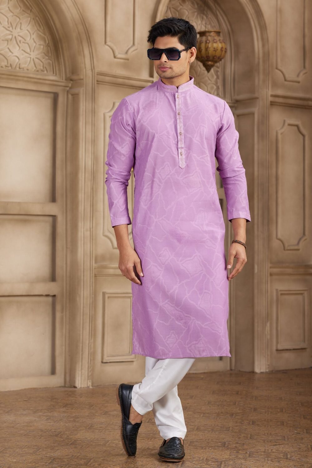 Purple Off White Brocade Art Silk Readymade Men Kurta Pajama Set
