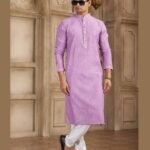 Purple Off White Brocade Art Silk Readymade Men Kurta Pajama Set