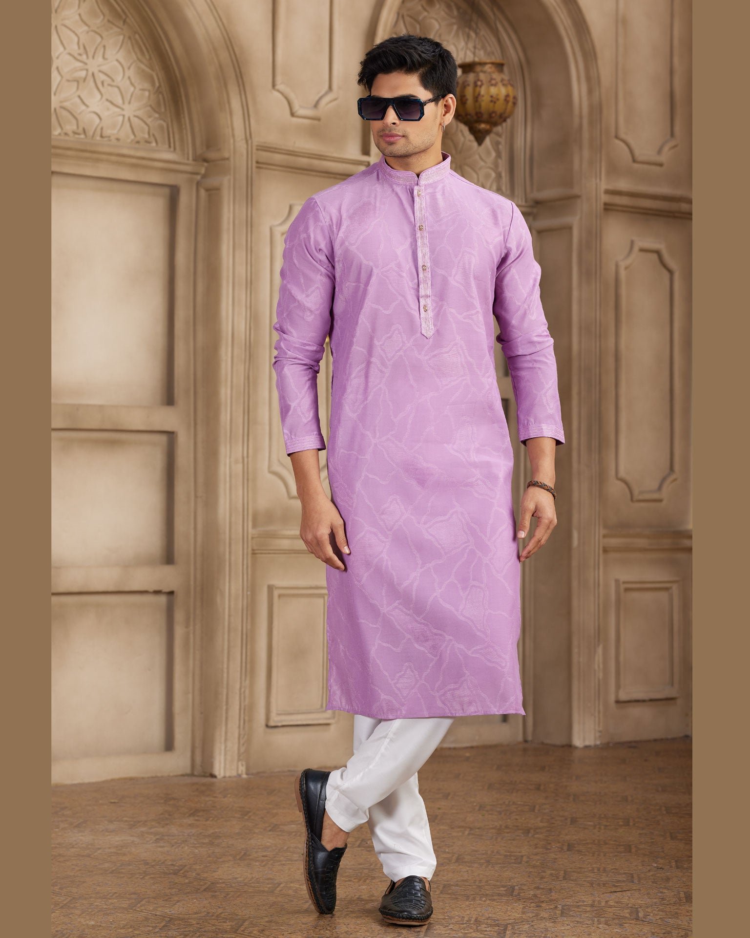 Purple Off White Brocade Art Silk Readymade Men Kurta Pajama Set