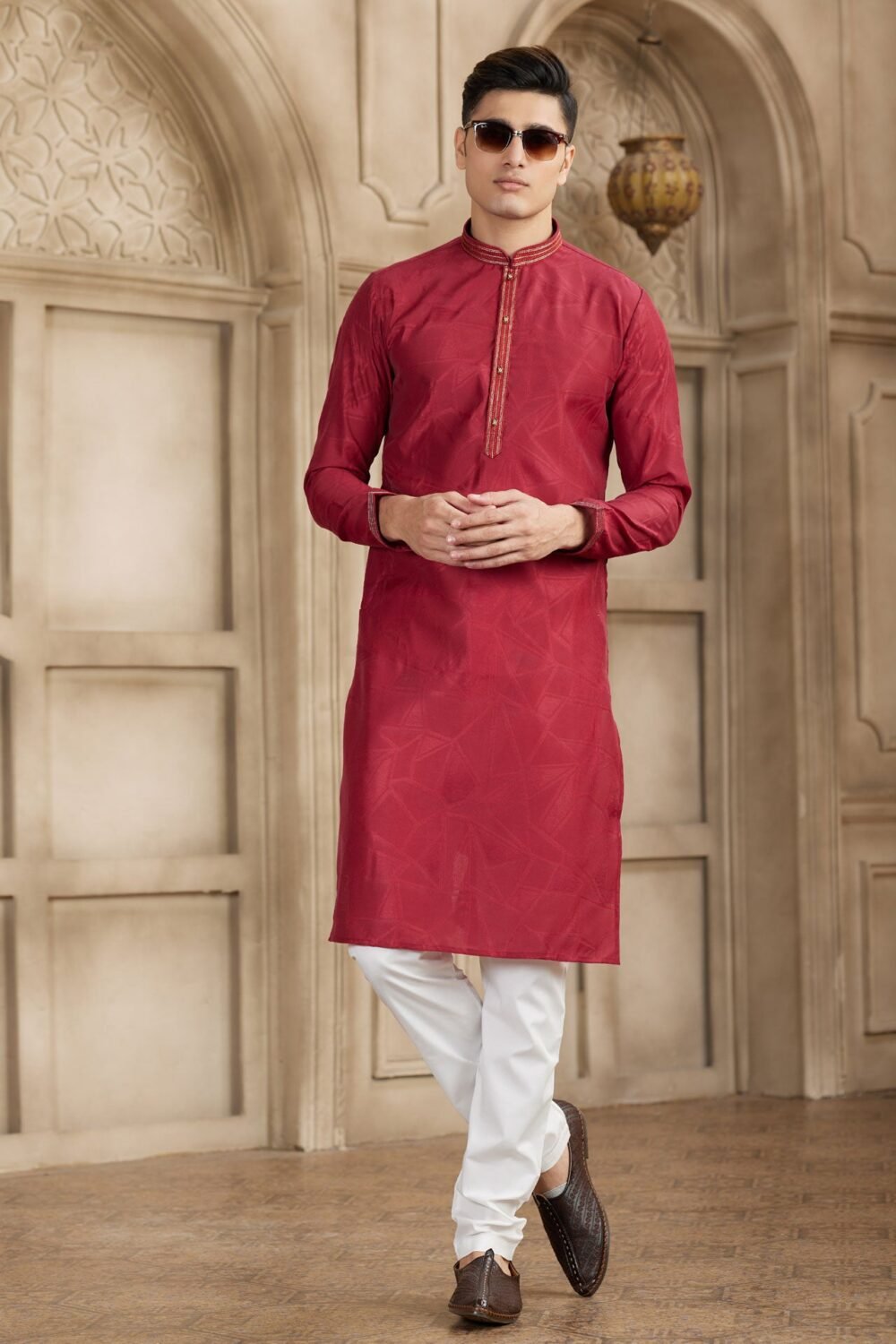 Maroon Off White Brocade Art Silk Readymade Men Kurta Pajama Set