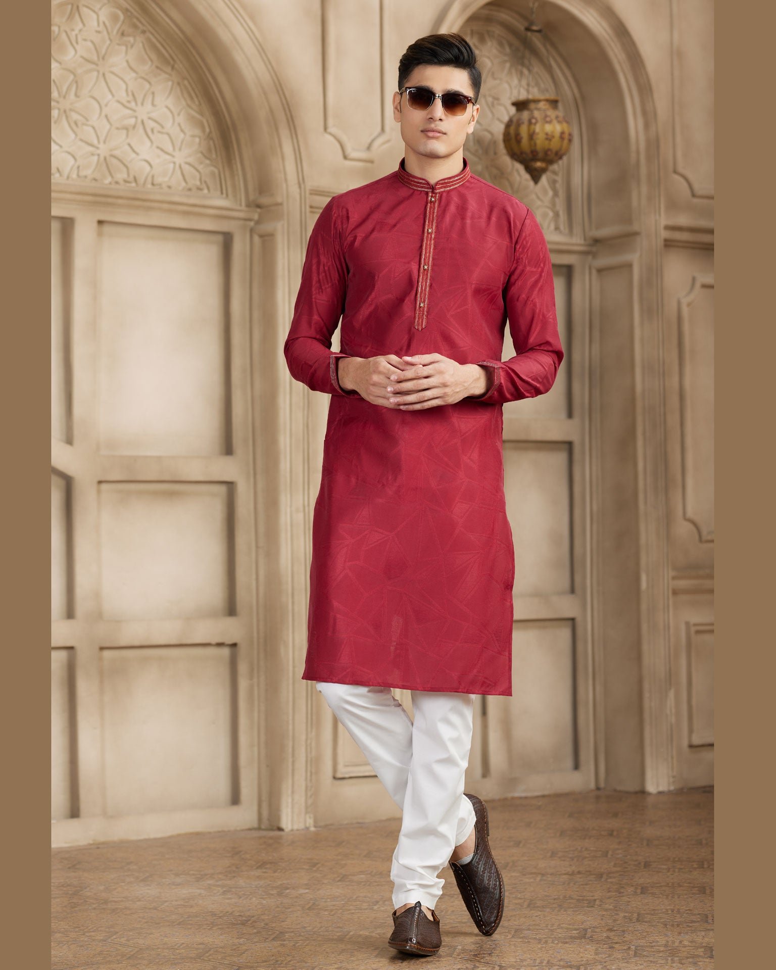 Maroon Off White Brocade Art Silk Readymade Men Kurta Pajama Set