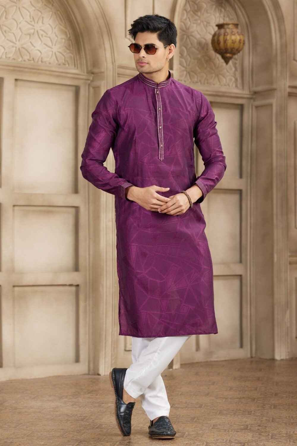 Magenta Off White Brocade Art Silk Readymade Men Kurta Pajama Set