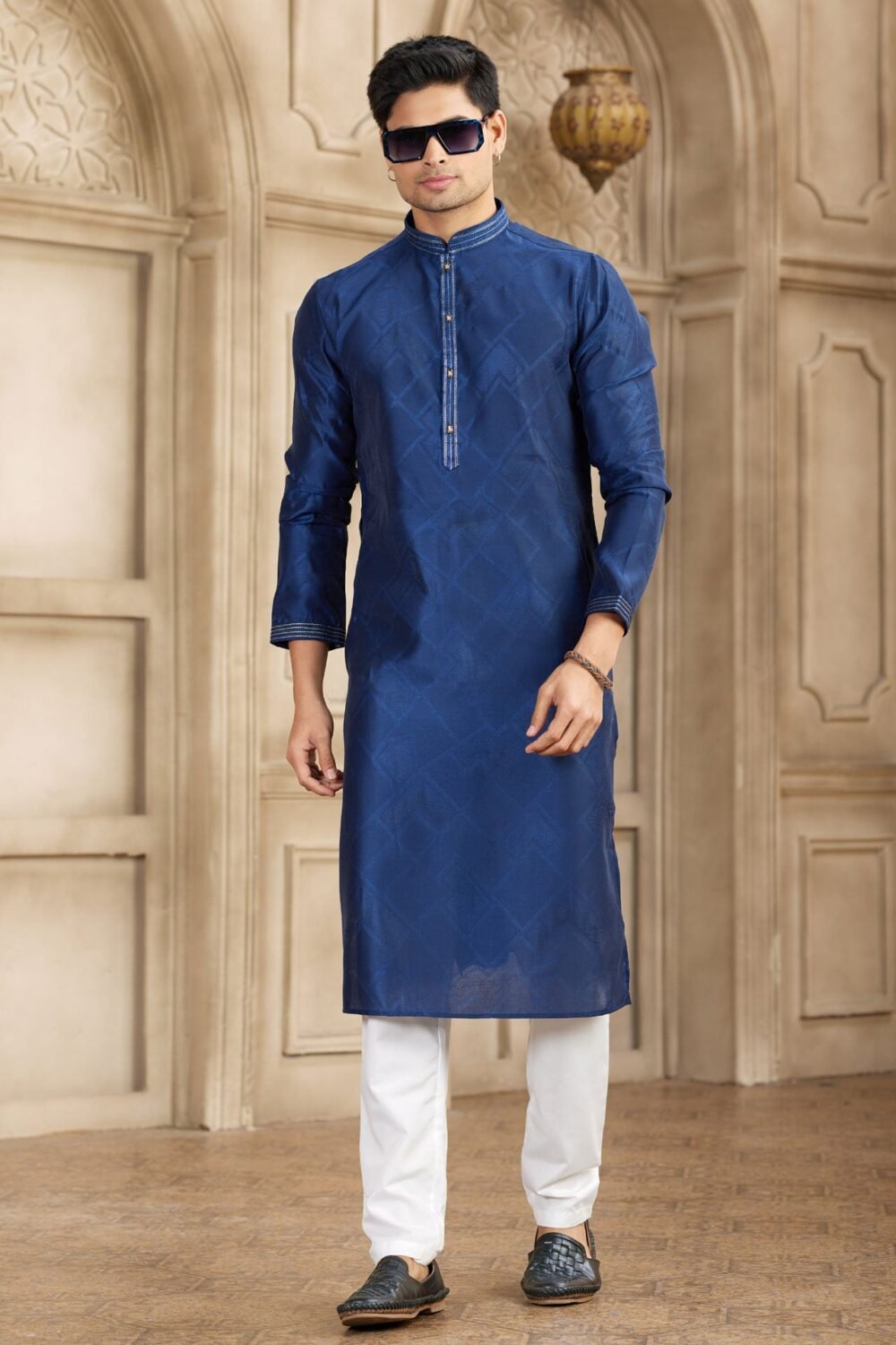 Blue Off White Brocade Art Silk Readymade Men Kurta Pajama Set