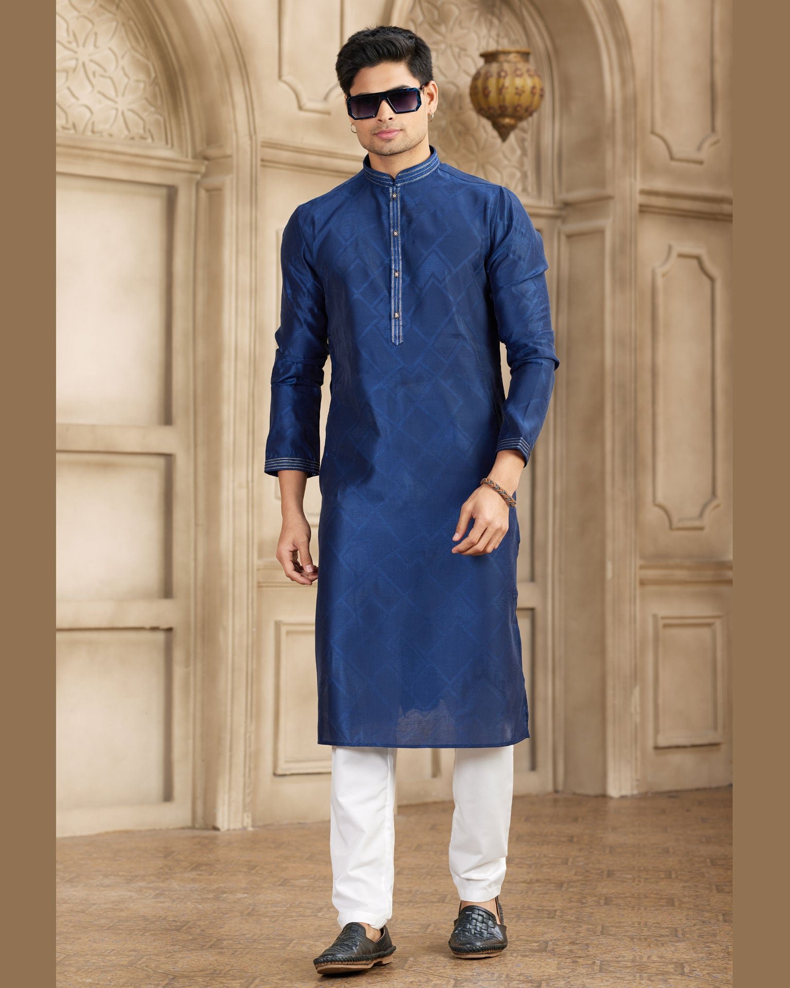 Blue Off White Brocade Art Silk Readymade Men Kurta Pajama Set
