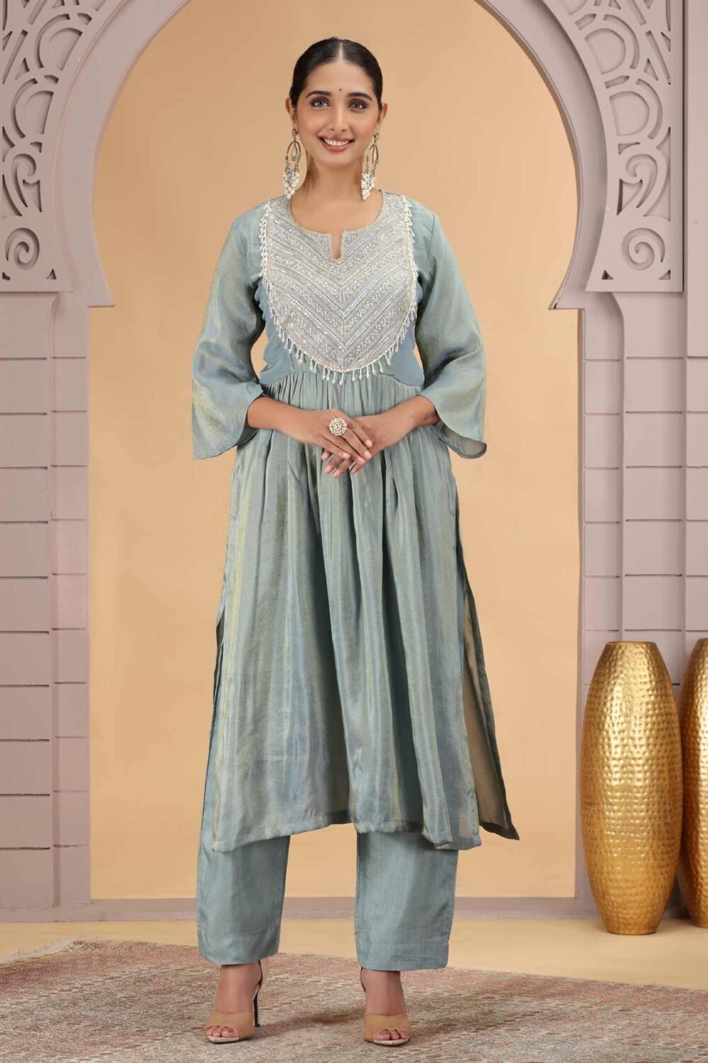 Firozi Organza Shimmer Silk Readymade Salwar Suit For Woman With Pant