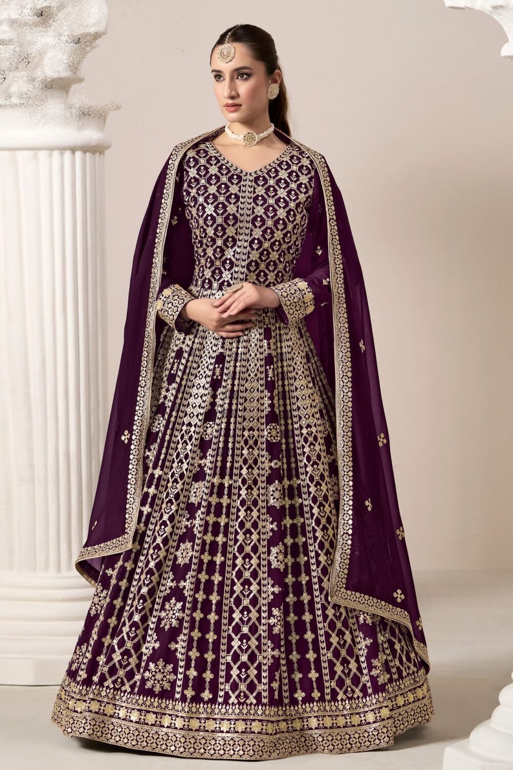 Purple Zari Sequins Work Faux Georgette Women Unstitched Anarkali Suit