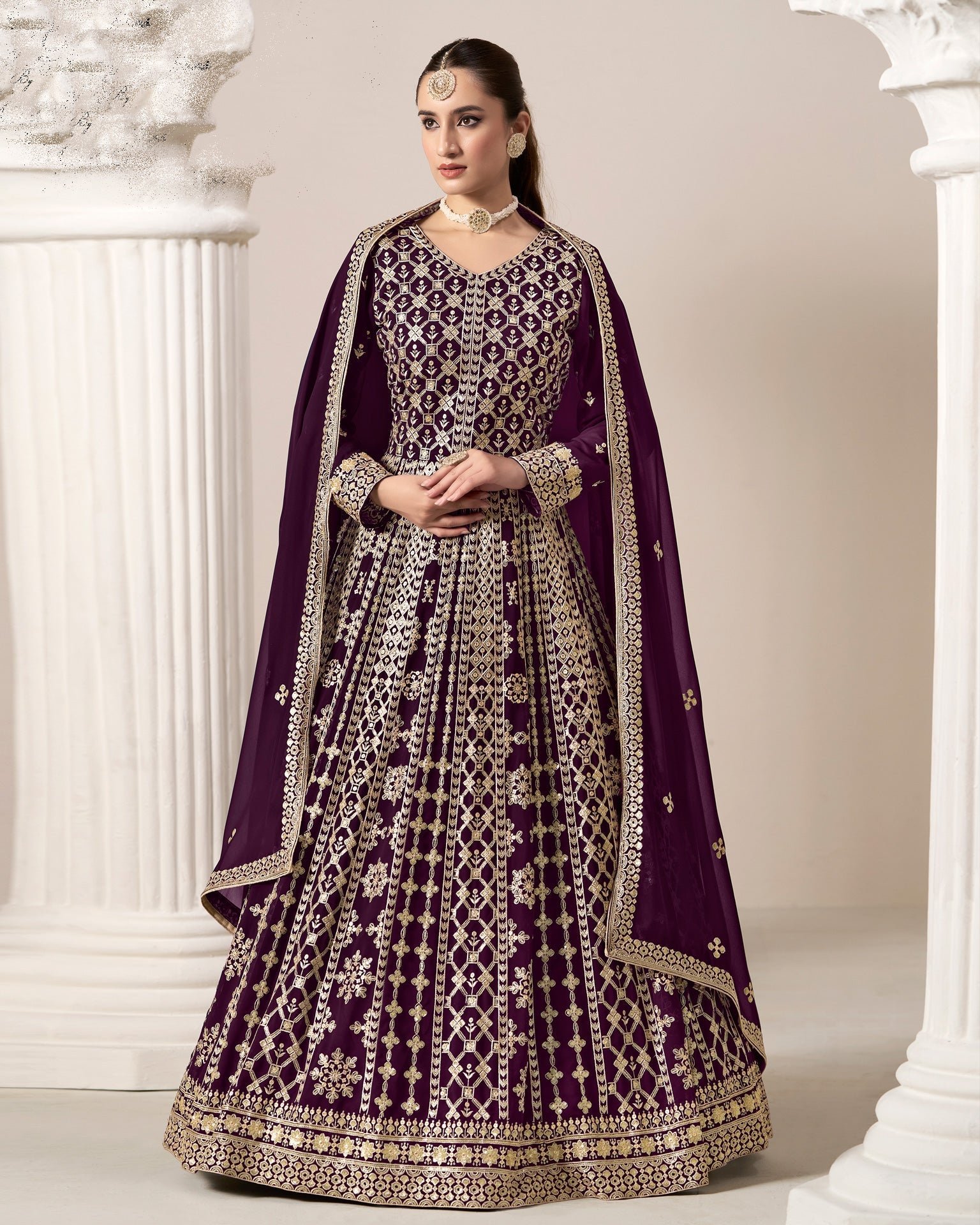 Purple Zari Sequins Work Faux Georgette Women Unstitched Anarkali Suit