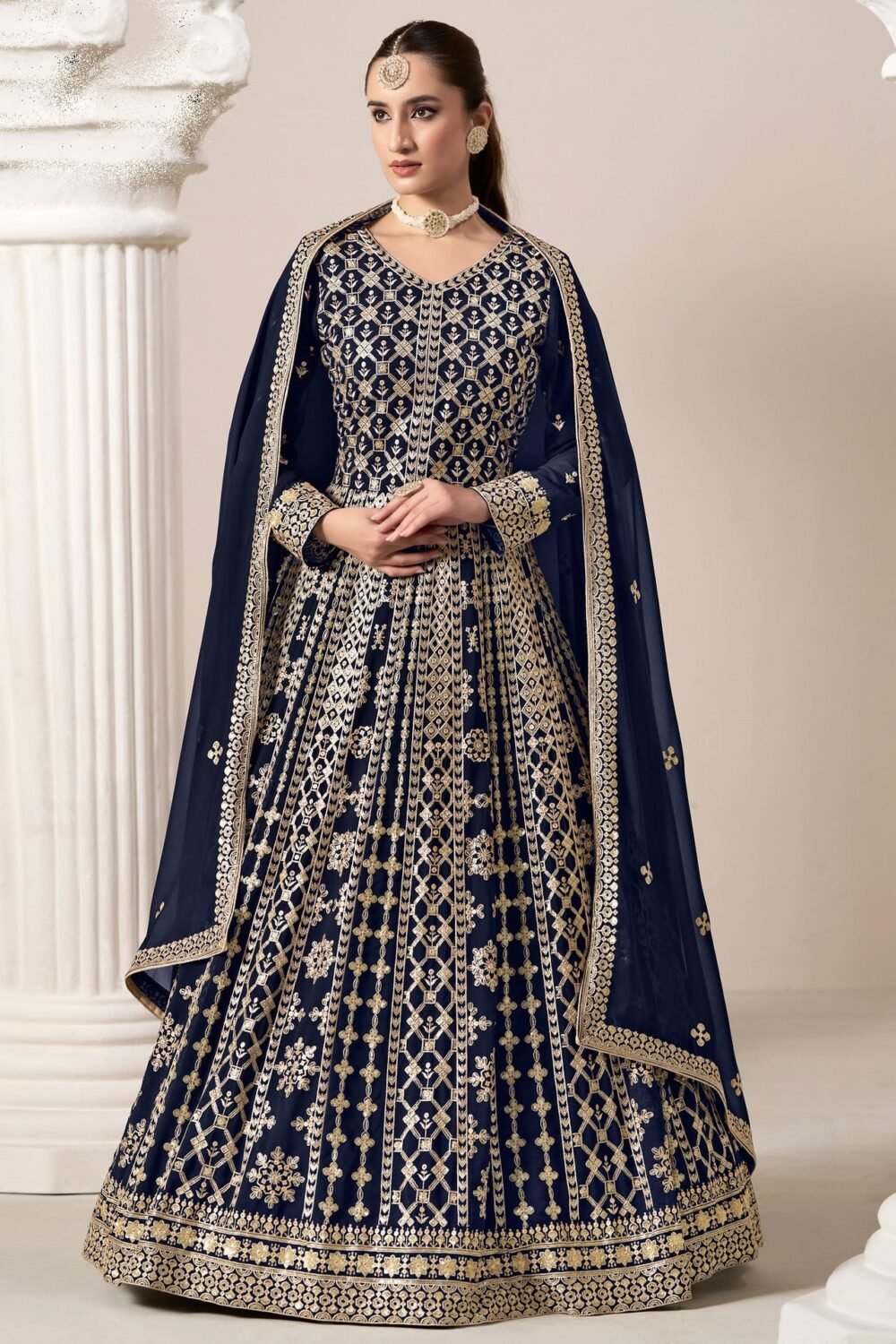 Blue Zari Sequins Work Faux Georgette Women Unstitched Anarkali Suit