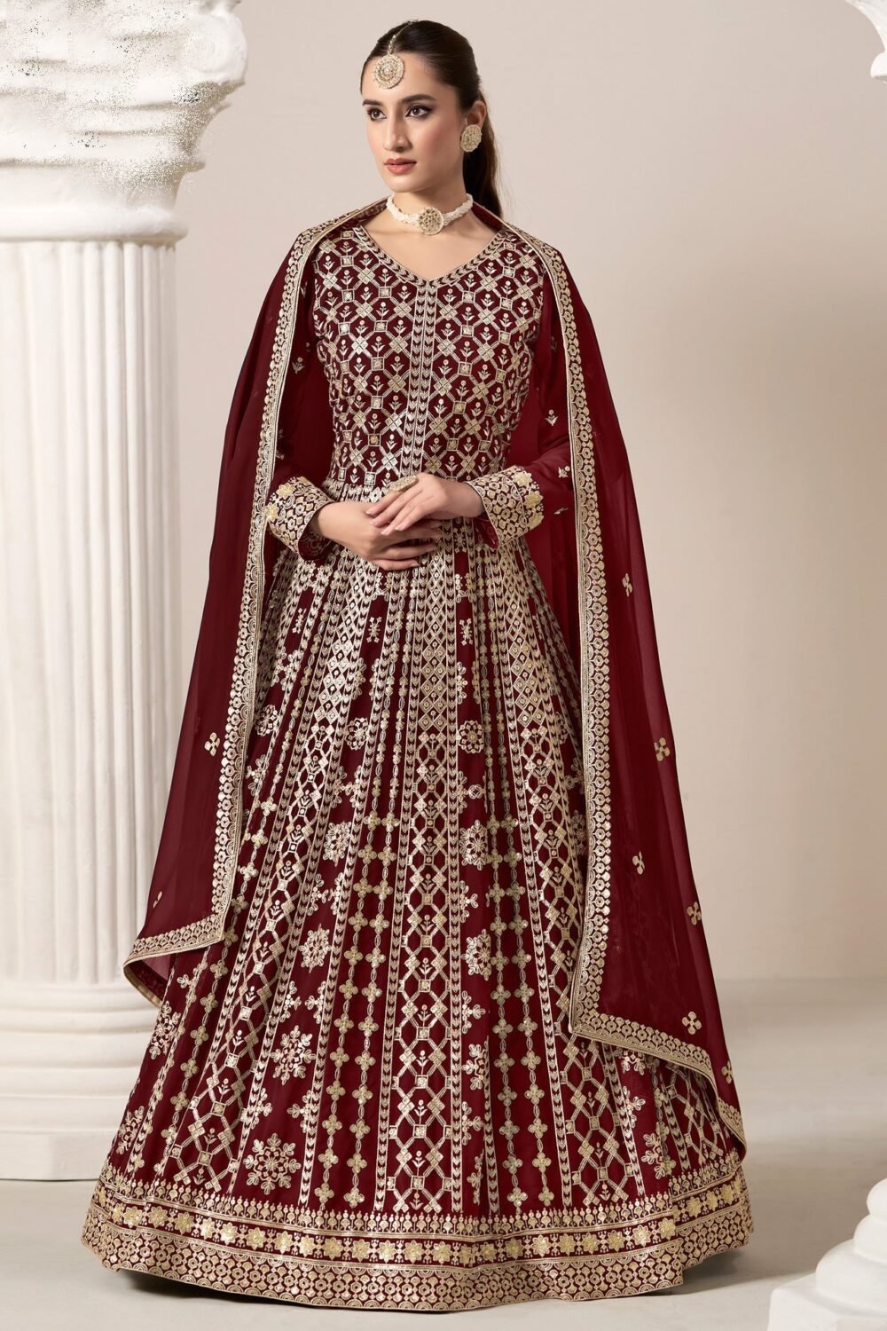 Maroon Zari Sequins Work Faux Georgette Women Unstitched Anarkali Suit