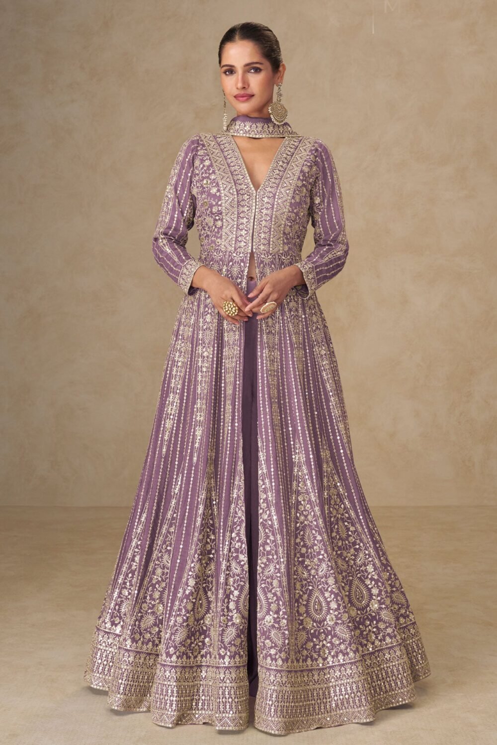 Lavender Thread Sequins Work Women Chinnon Silk Readymade Anarkali With Skirt