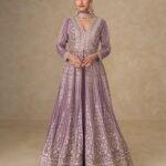 Lavender Thread Sequins Work Women Chinnon Silk Readymade Anarkali With Skirt