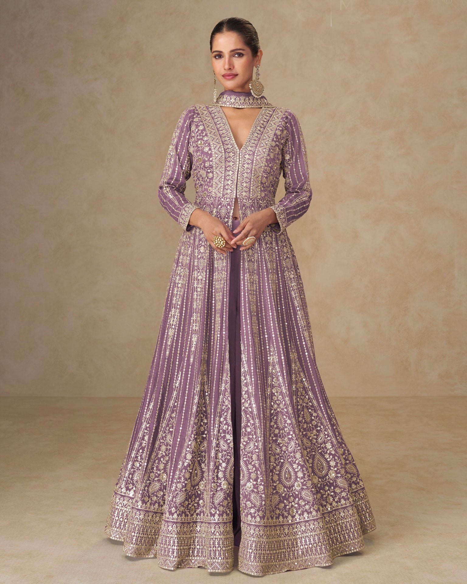 Lavender Thread Sequins Work Women Chinnon Silk Readymade Anarkali With Skirt
