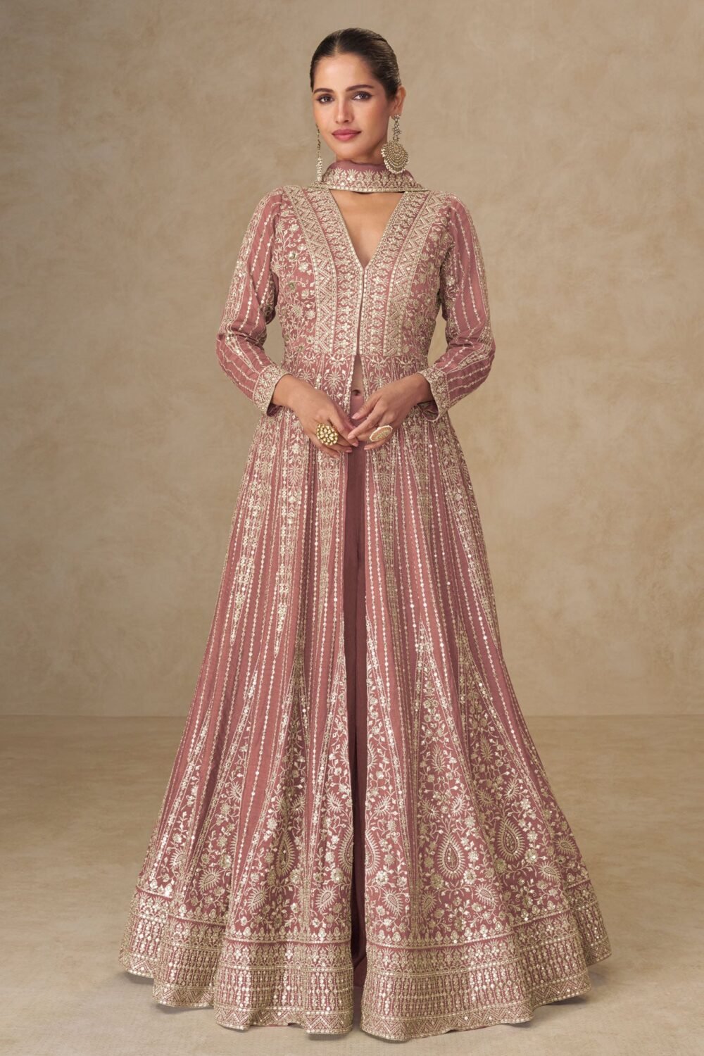 Pink Thread Sequins Work Women Chinnon Silk Readymade Anarkali With Skirt