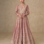 Pink Thread Sequins Work Women Chinnon Silk Readymade Anarkali With Skirt