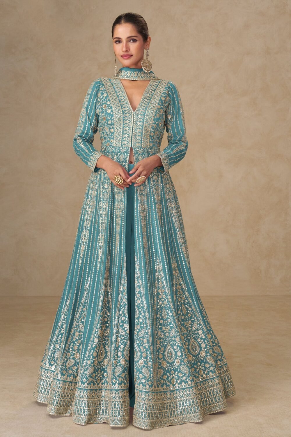 Light Blue Thread Sequins Work Women Chinnon Silk Readymade Anarkali With Skirt