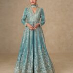 Light Blue Thread Sequins Work Women Chinnon Silk Readymade Anarkali With Skirt