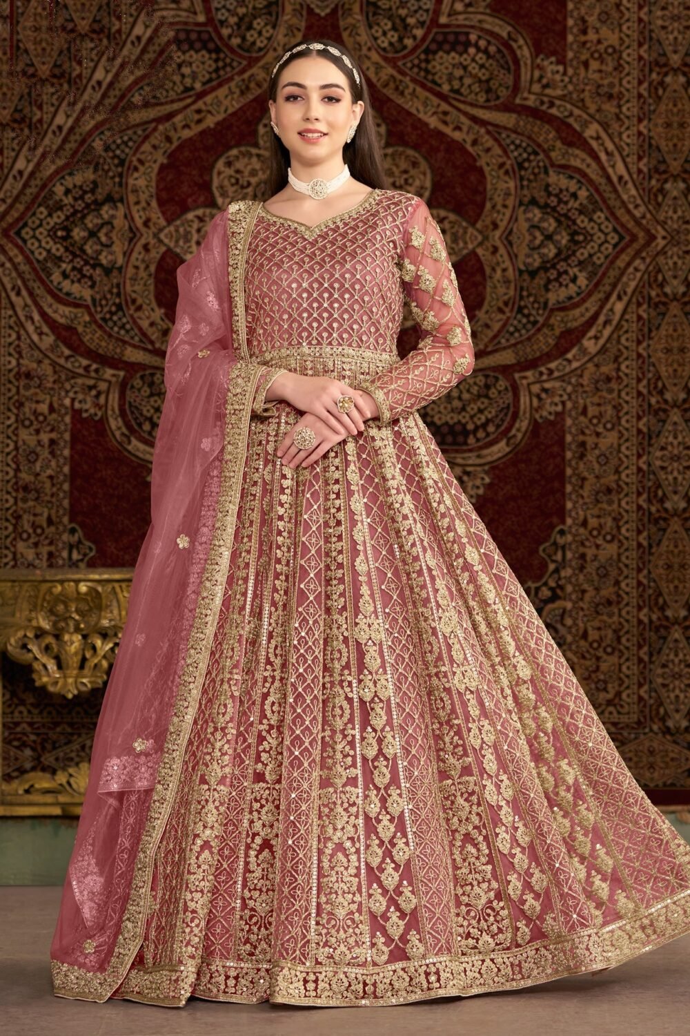 Pink Net Sequins & Zari Work Women Customized Anarkali Frock Suit With Net Embroidered Dupatta