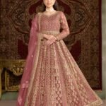 Pink Net Sequins & Zari Work Women Customized Anarkali Frock Suit With Net Embroidered Dupatta