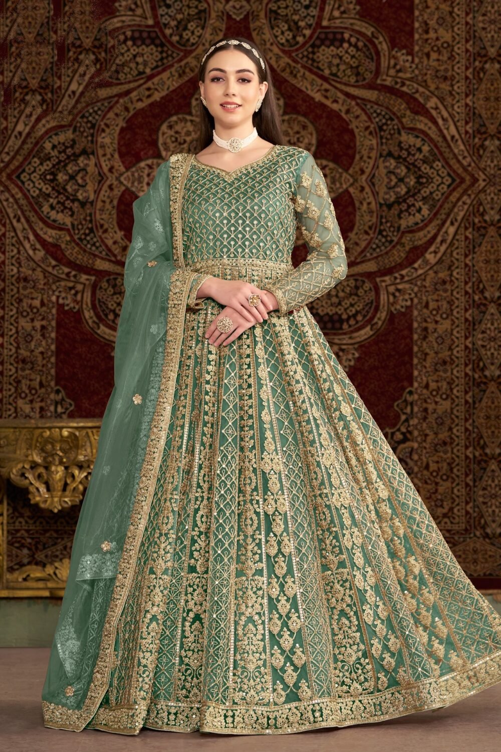 Green Net Sequins & Zari Work Women Customized Anarkali Frock Suit With Net Embroidered Dupatta
