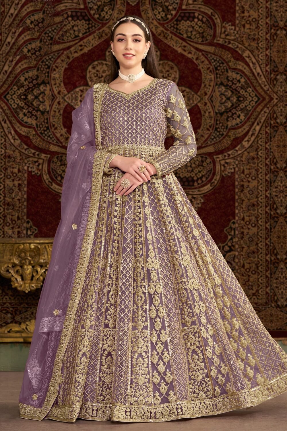 Purple Net Sequins & Zari Work Women Customized Anarkali Frock Suit With Net Embroidered Dupatta