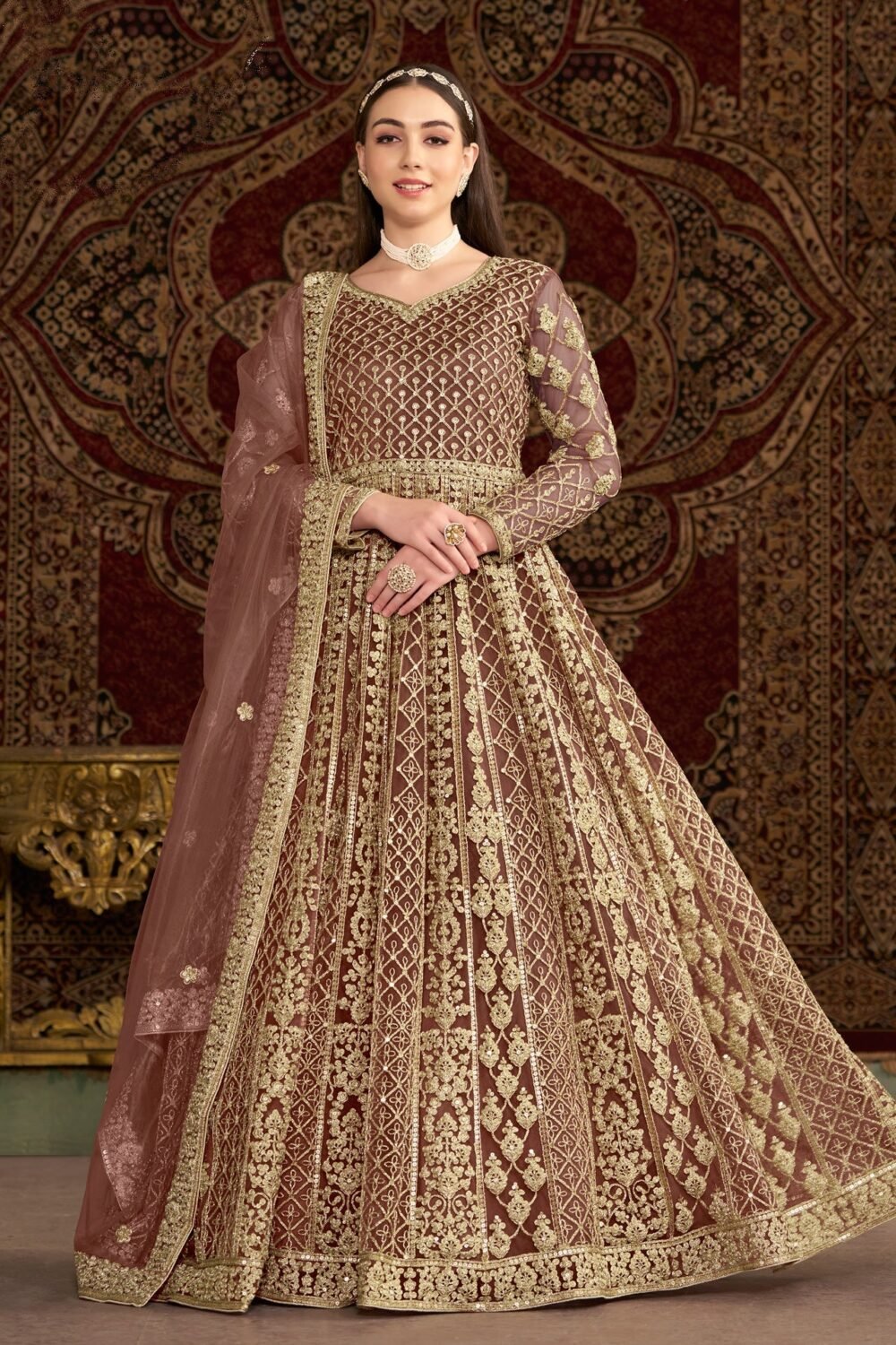 Brown Net Sequins & Zari Work Women Customized Anarkali Frock Suit With Net Embroidered Dupatta