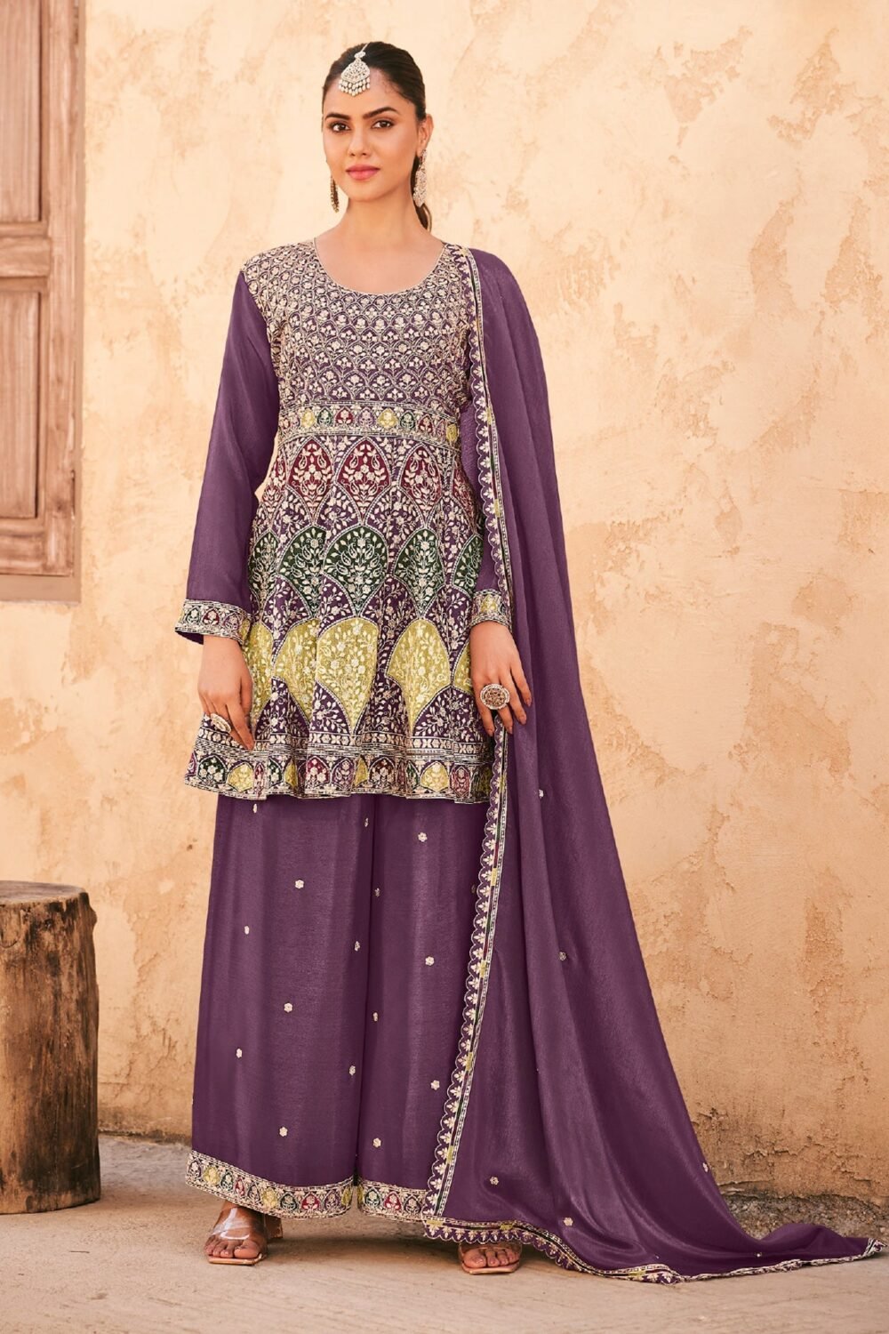 Purple Chinnon Silk Embroidered Women Readymade Frock Suit
