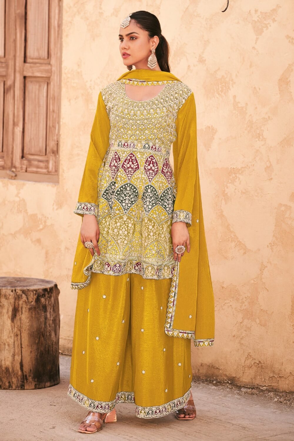 Yellow Chinnon Silk Embroidered Women Readymade Frock Suit