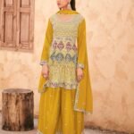 Yellow Chinnon Silk Embroidered Women Readymade Frock Suit