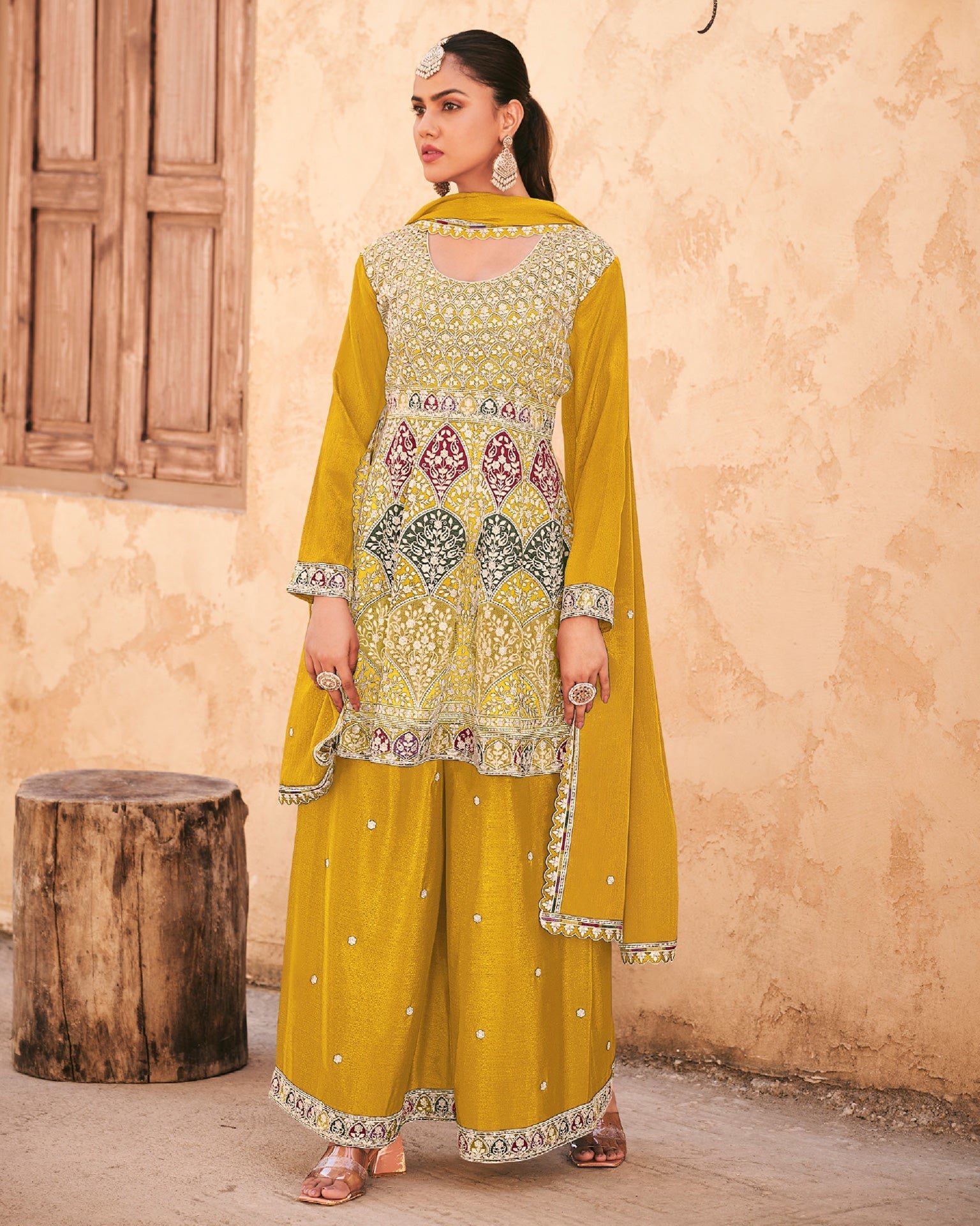 Yellow Chinnon Silk Embroidered Women Readymade Frock Suit