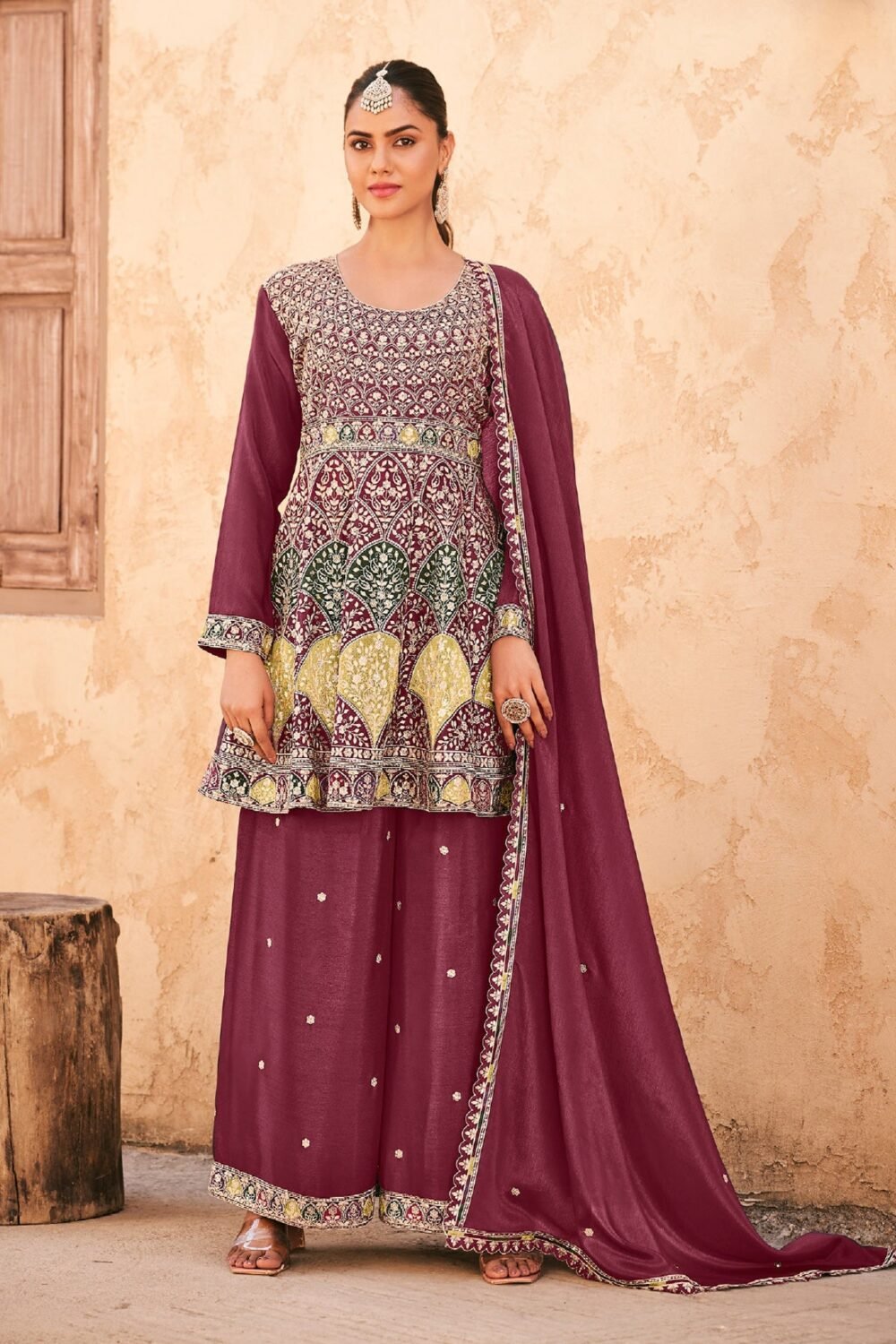 Wine Chinnon Silk Embroidered Women Readymade Frock Suit