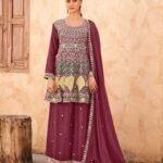 Wine Chinnon Silk Embroidered Women Readymade Frock Suit