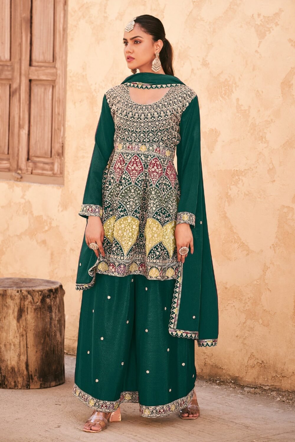 Green Chinnon Silk Embroidered Women Readymade Frock Suit