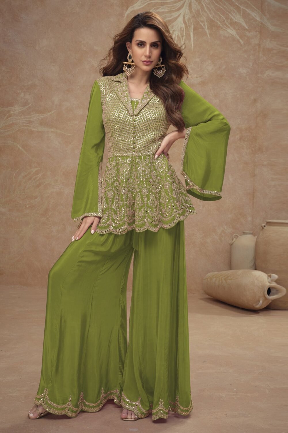 Green Readymade CO-Ord Suit For Woman In Chinnon Silk