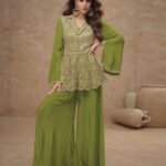 Green Readymade CO-Ord Suit For Woman In Chinnon Silk