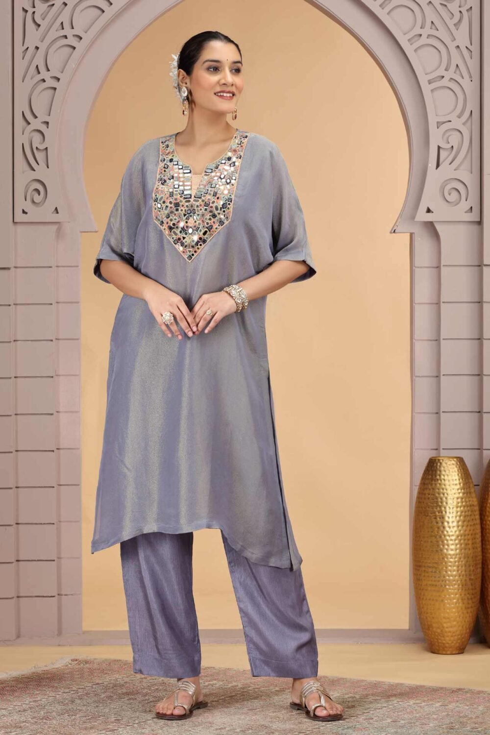 Grey Organza Shimmer Silk Readymade Salwar Suit For Woman With Pant