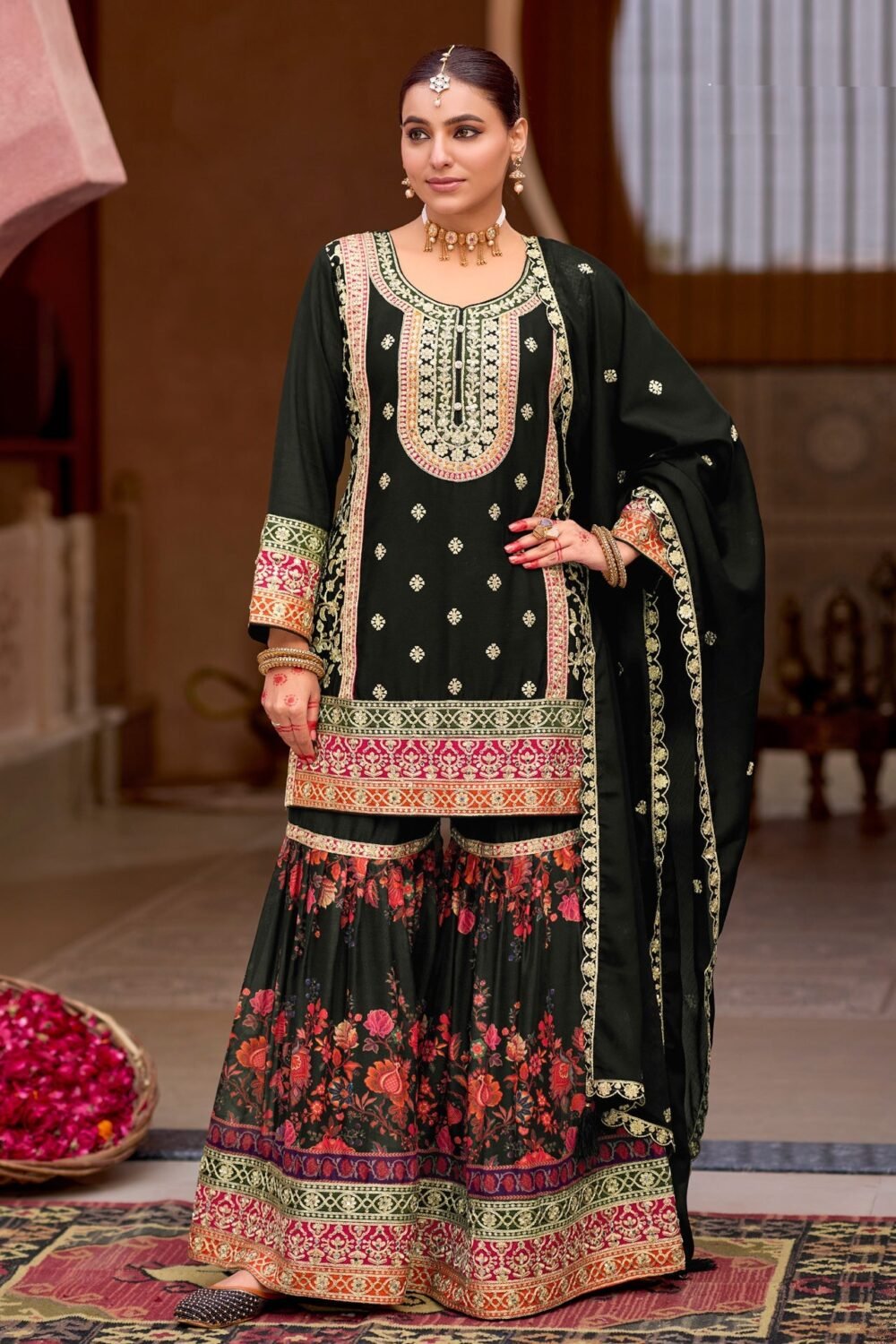 Black Chinnon Silk Zari Sequins Mirror Work Women Readymade Sharara Suit