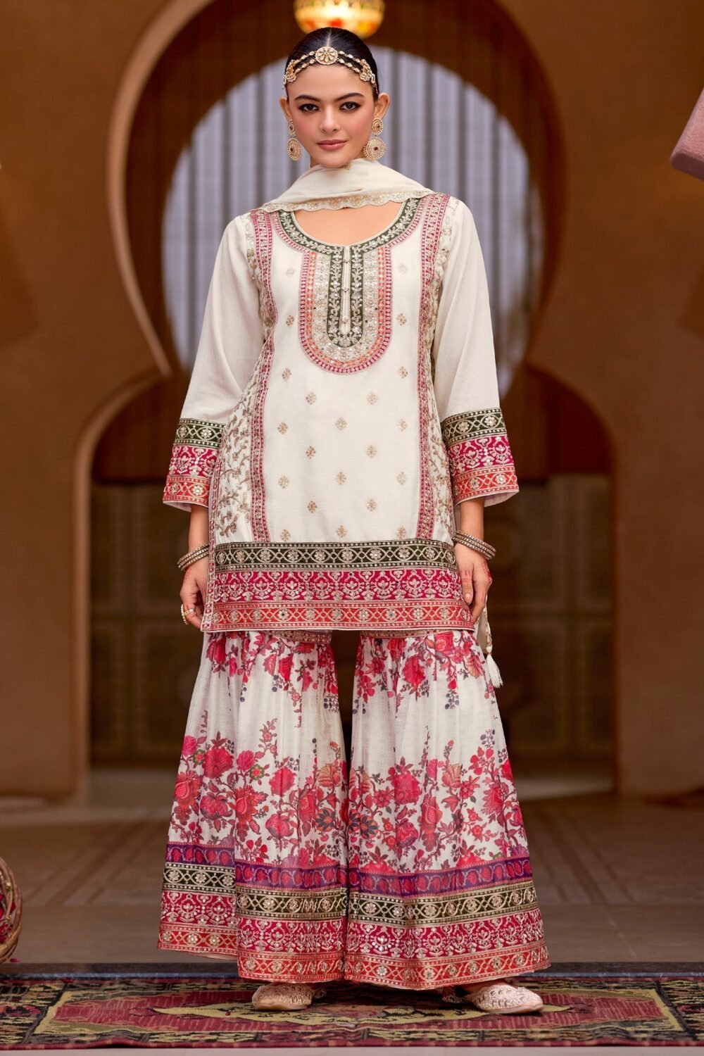 White Chinnon Silk Zari Sequins Mirror Work Women Readymade Sharara Suit