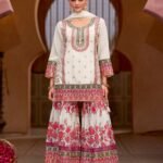 White Chinnon Silk Zari Sequins Mirror Work Women Readymade Sharara Suit