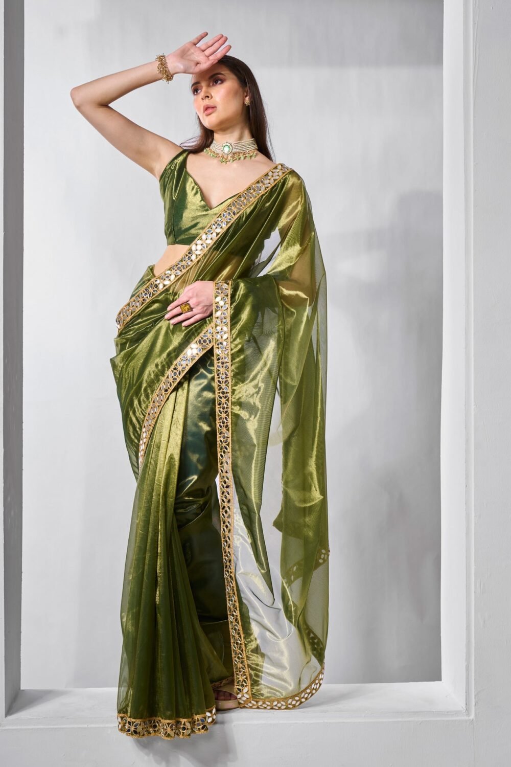 Green Tissue Net Saree For Women With Unstitched Blouse