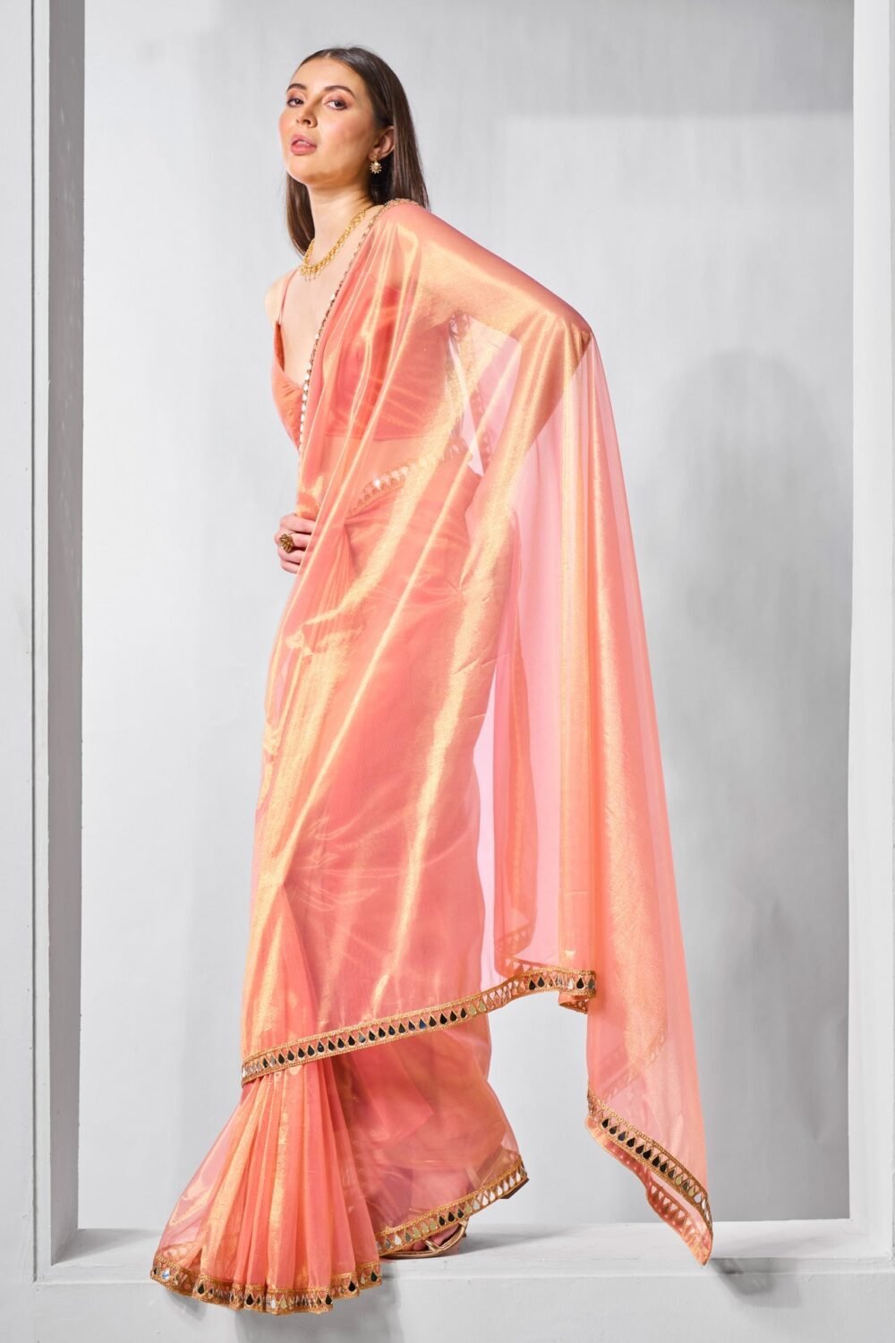 Orange Tissue Net Saree For Women With Unstitched Blouse