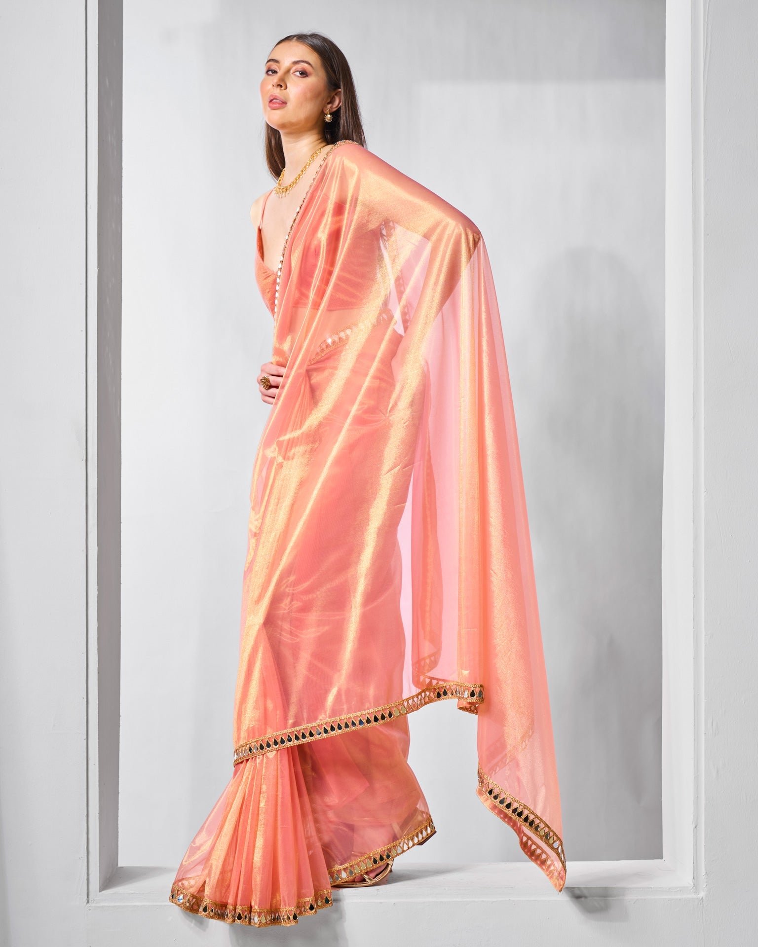 Orange Tissue Net Saree For Women With Unstitched Blouse