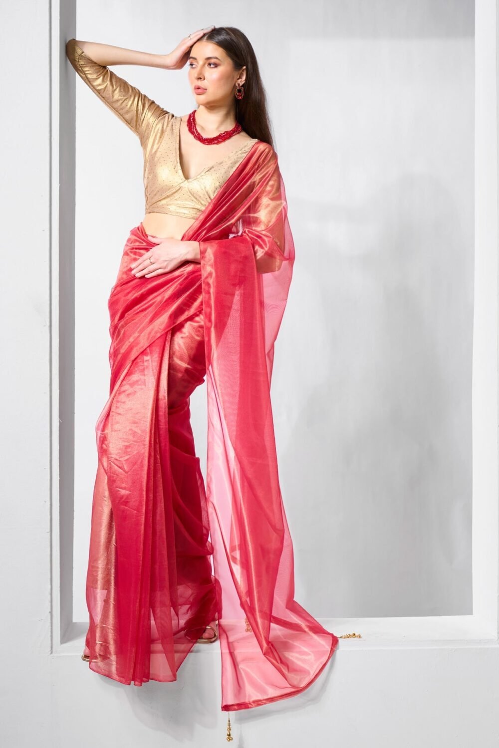 Red Tissue Net Saree For Women With Unstitched Blouse