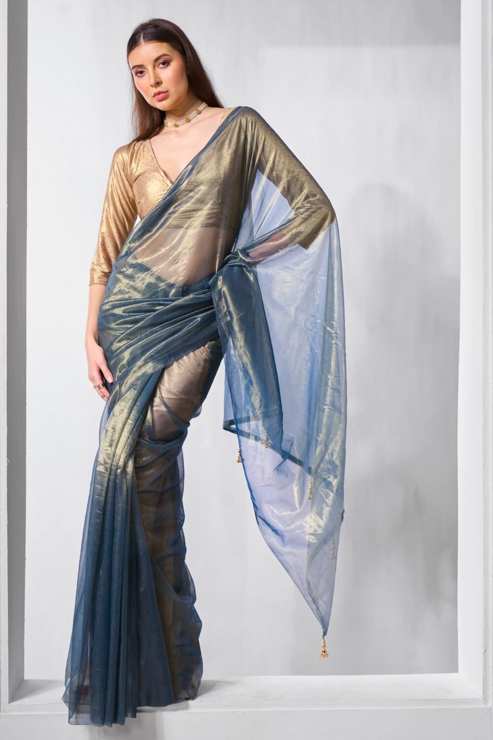 Blue Gold Tissue Net Saree For Women With Unstitched Blouse