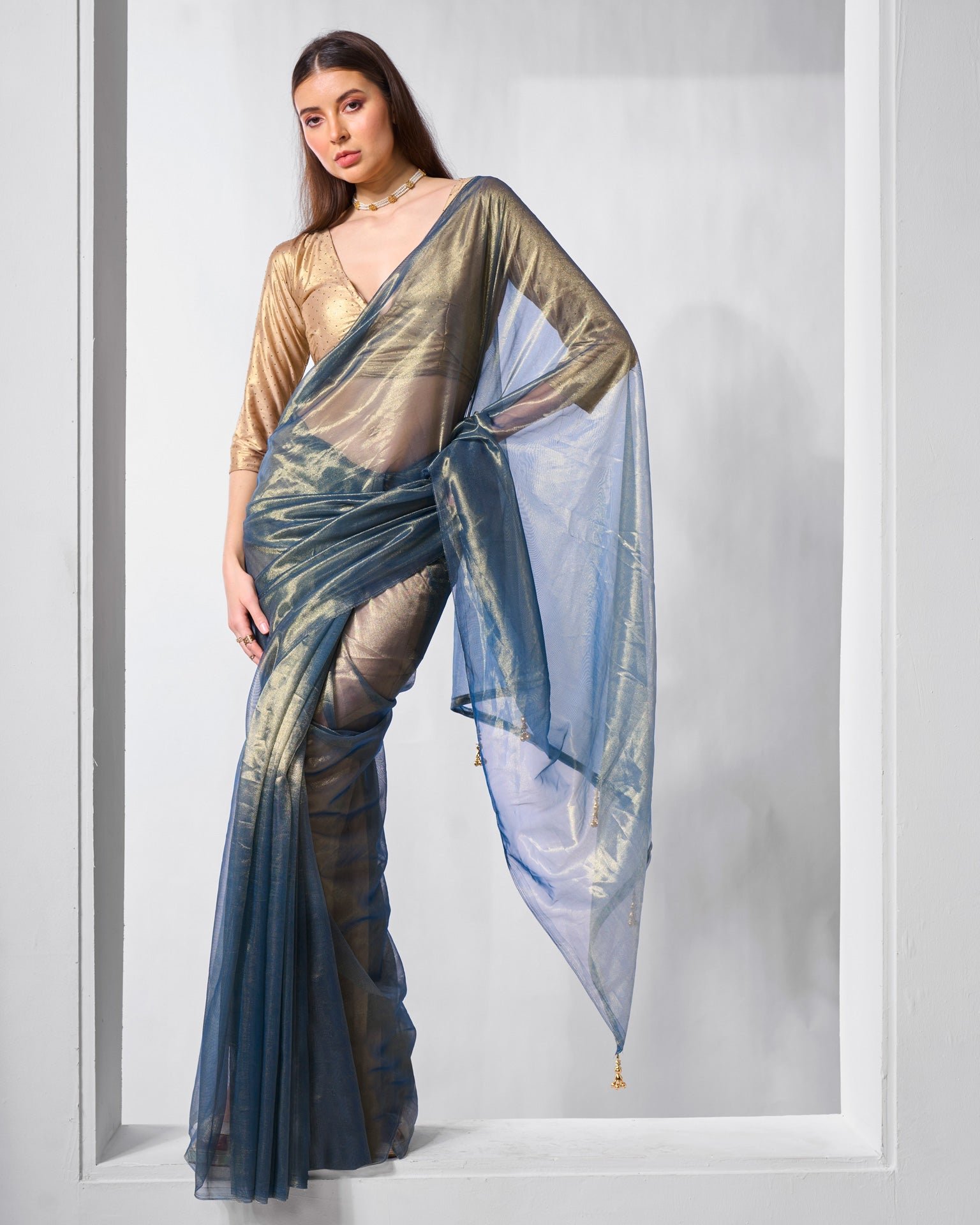Blue Gold Tissue Net Saree For Women With Unstitched Blouse