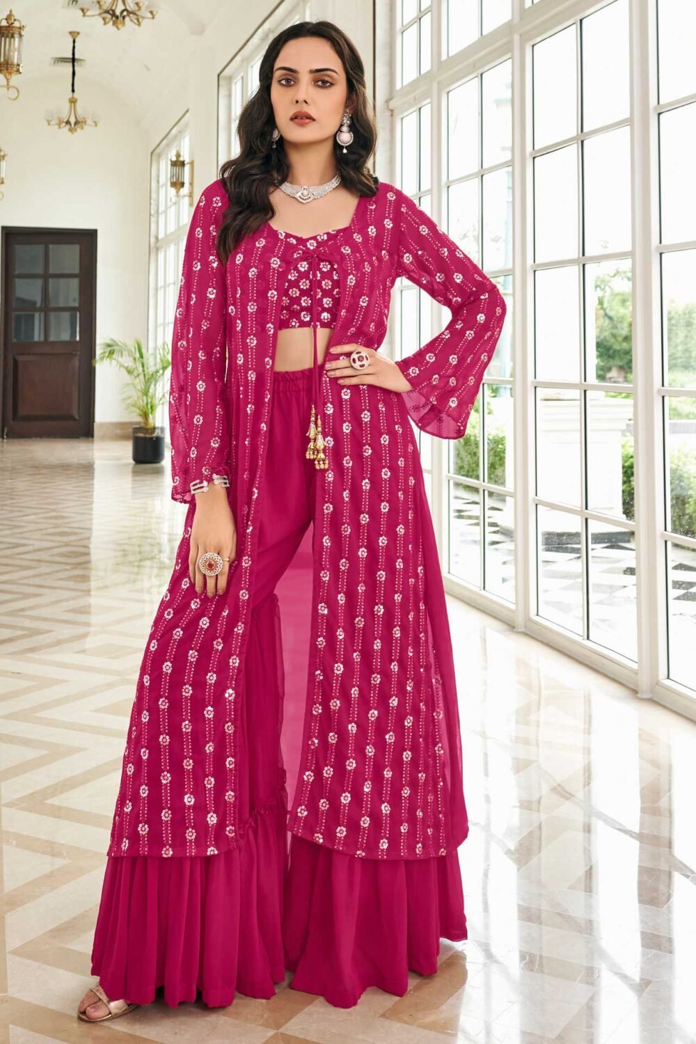Pink Georgette Crop Top Sharara Suit With Shrug