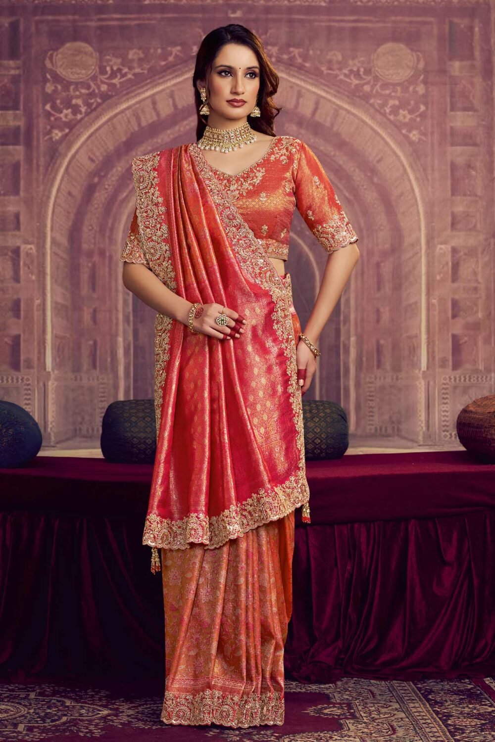 Pink Kanjivaram Silk Saree For Women With Embroidered Blouse