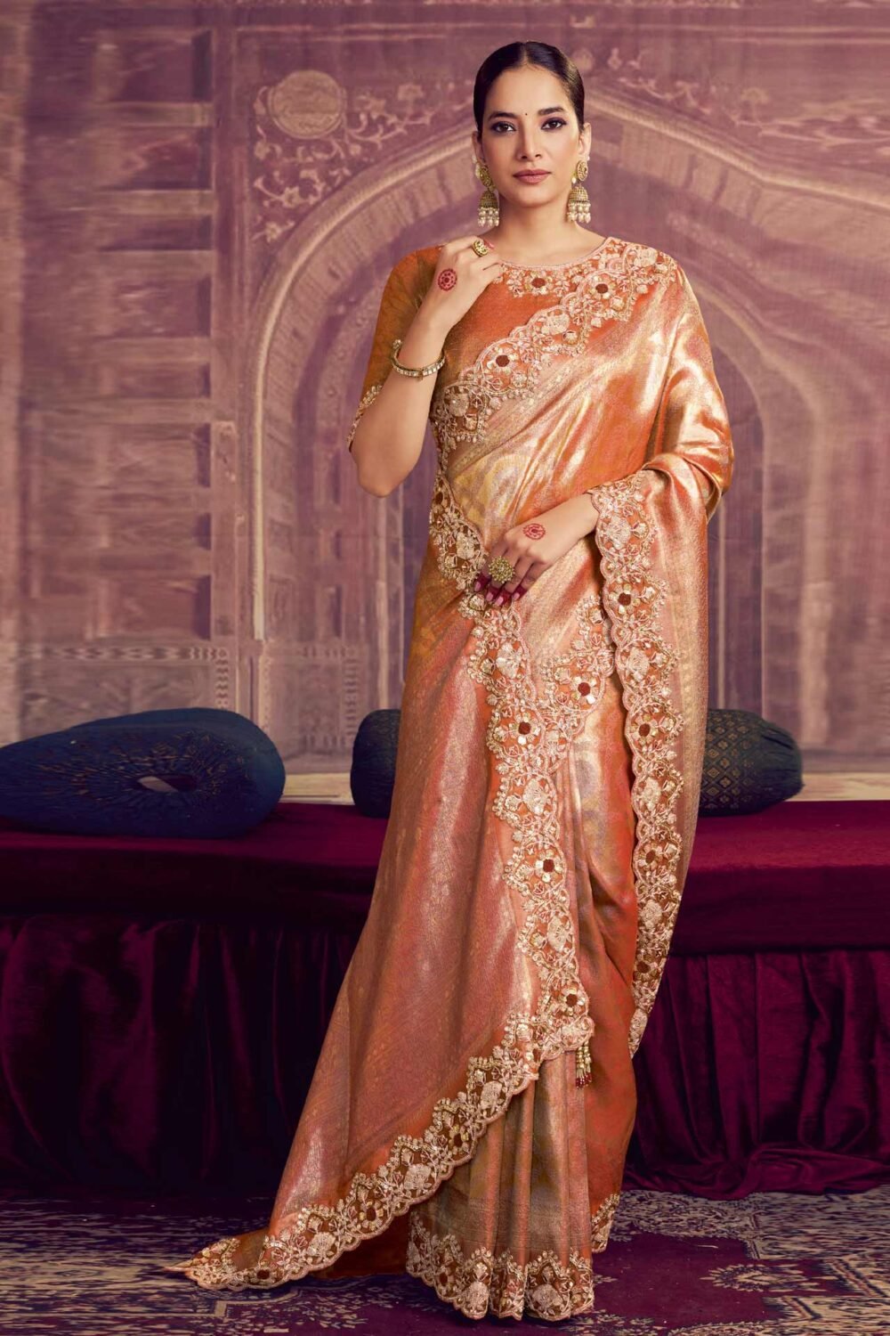 Rust Kanjivaram Silk Saree For Women With Embroidered Blouse